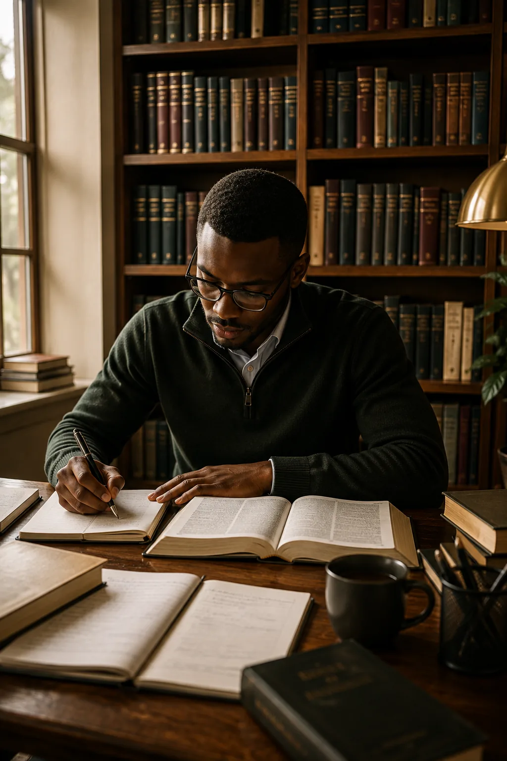 Focused study in a library — knowledge that compounds across a lifetime